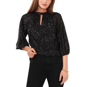 VINCE CAMUTO Raglan Sleeve Keyhole Sequin Top Black Size Small Party